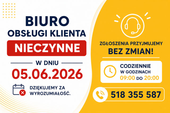 Godziny otwarcia biura obsługi klienta w czasie Bożego działa (czerwiec 2026 r.)